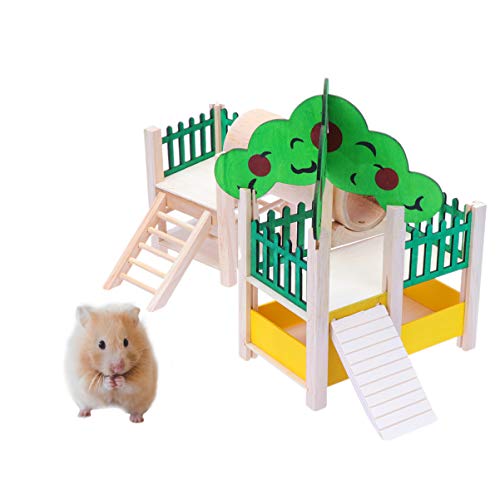 POPETPOP Wooden Hamster House Hideout Hut with Funny Climbing Ladder Exercise Toys for for Small Animals
