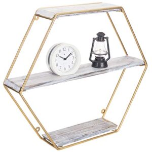 mygift 3-tier wall mounted shelf with hexagon gold metal frame & whitewashed wood shelves