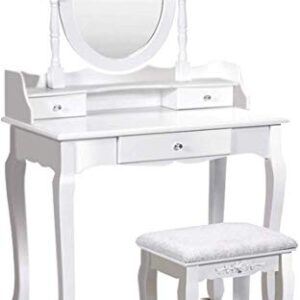 SPSUPE Click Image to Open expanded View Vanity Set with Oval 360° Rotating Mirror, Makeup with3 Storage Drawers, Painted Finish,Removable Top, Wooden Dressing Table, White
