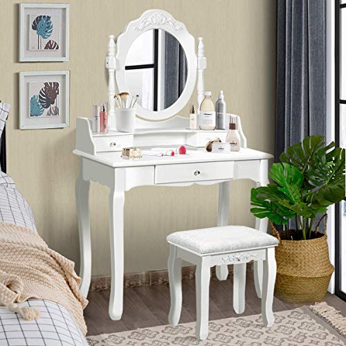 SPSUPE Click Image to Open expanded View Vanity Set with Oval 360° Rotating Mirror, Makeup with3 Storage Drawers, Painted Finish,Removable Top, Wooden Dressing Table, White