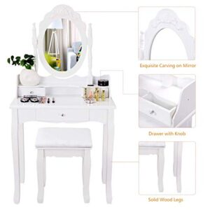 SPSUPE Click Image to Open expanded View Vanity Set with Oval 360° Rotating Mirror, Makeup with3 Storage Drawers, Painted Finish,Removable Top, Wooden Dressing Table, White
