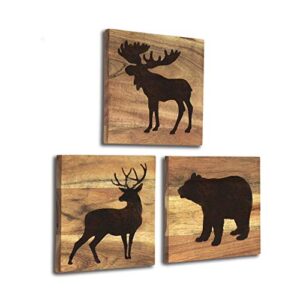 homerustique real wooden cabin decor with bear, deer and moose (set of 3) - woodland rustic wall decoration for home, log cabin, hunting theme, mountain lodge or bathroom, animal pictures decor
