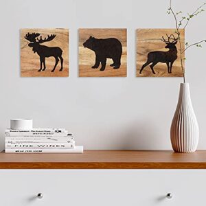 HomeRustique Real Wooden Cabin Decor with Bear, Deer and Moose (Set of 3) - Woodland Rustic Wall Decoration for Home, Log Cabin, Hunting Theme, Mountain Lodge or Bathroom, Animal Pictures Decor