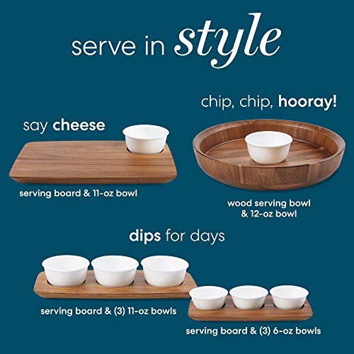 Corelle Vitrelle Coordinates 2-Pc Cheese Board with Bowl Serving Set,Charcuterie Platter with Bowl, Dip Bowl and Long Serving Board Set,Triple Layer Glass Bowls are Dishwasher and Microwave Safe,White