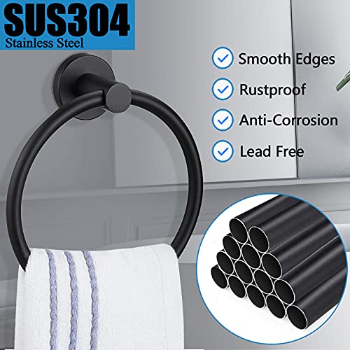 Pynsseu Matte Black Towel Ring for Bathroom 1 Pack, Kitchen Bath Towel Holder Hangers Wall Mount Heavy Duty Storage Stainless Steel