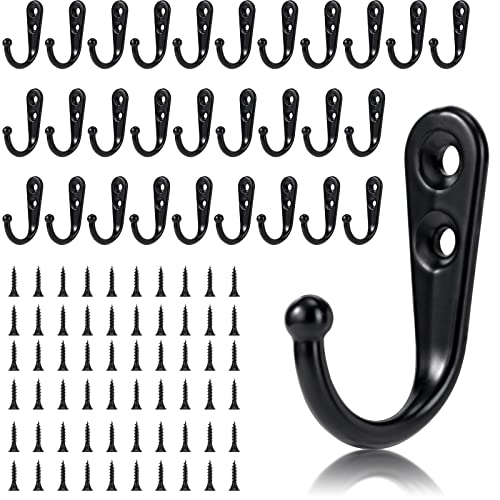 30 Pieces Large Wall Mounted Coat Hook Robe Hooks Cloth Hanger Coat Hanger Coat Hooks Rustic Hooks and 60 Pieces Screws for Bath Kitchen Garage Single Coat Hanger (Black)