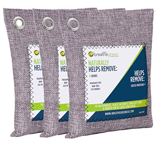 Breathe Green Bamboo Charcoal Odor Eliminator Bag (3 Bags), Activated Charcoal Odor Absorber, Natural Freshener Removes Odors and Moisture, Odor Eliminator for Home, Pets, Car, Closet, Basement, RV