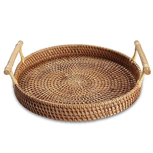 YIWEN Rattan Woven Round Basket, Round Rattan Woven Serving Tray with Handles for Bread Fruit Vegetables, Restaurant Serving & Tabletop Display Baskets (8.7", 1pc)