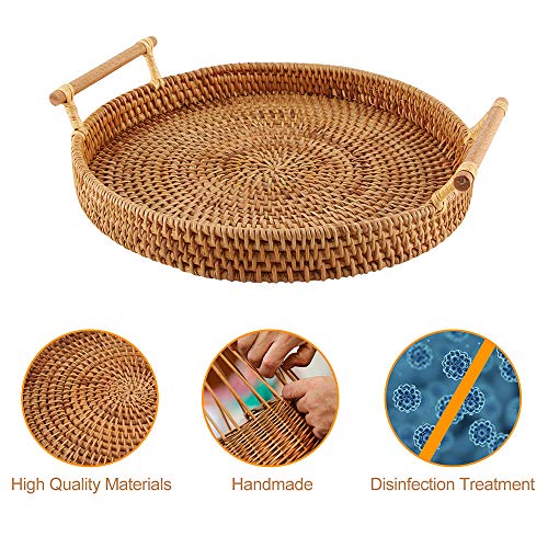 YIWEN Rattan Woven Round Basket, Round Rattan Woven Serving Tray with Handles for Bread Fruit Vegetables, Restaurant Serving & Tabletop Display Baskets (8.7", 1pc)