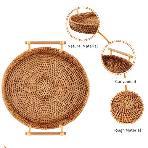 YIWEN Rattan Woven Round Basket, Round Rattan Woven Serving Tray with Handles for Bread Fruit Vegetables, Restaurant Serving & Tabletop Display Baskets (8.7", 1pc)