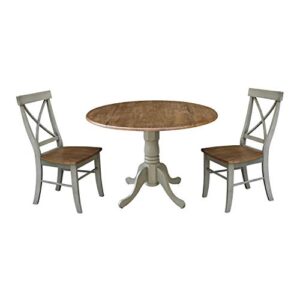 ic international concepts 42" dual drop leaf table with 2 x-back chairs-set of 3 pieces dining sets, distressed hickory/stone