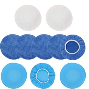 URLWALL 10PCS 9-10 inch Polisher Pad Bonnet Orbital Car Buffing Polishing Pad Cover - 5PCS Microfiber Polish Pad, 3PCS Car Wax Buffer Pads, 2PCS Woolen Fleece Polishing Bonnet for Car Waxing Machine