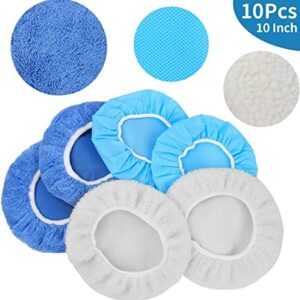 URLWALL 10PCS 9-10 inch Polisher Pad Bonnet Orbital Car Buffing Polishing Pad Cover - 5PCS Microfiber Polish Pad, 3PCS Car Wax Buffer Pads, 2PCS Woolen Fleece Polishing Bonnet for Car Waxing Machine