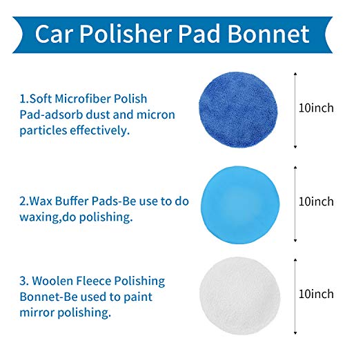 URLWALL 10PCS 9-10 inch Polisher Pad Bonnet Orbital Car Buffing Polishing Pad Cover - 5PCS Microfiber Polish Pad, 3PCS Car Wax Buffer Pads, 2PCS Woolen Fleece Polishing Bonnet for Car Waxing Machine