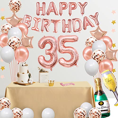 Fancypartyshop 35th Birthday Decorations - Rose Gold Happy Birthday Banner and Sash with Number 35 Balloons Latex Confetti balloons Ideal for Girl and Women 35 Years Old Birthday Rose Gold