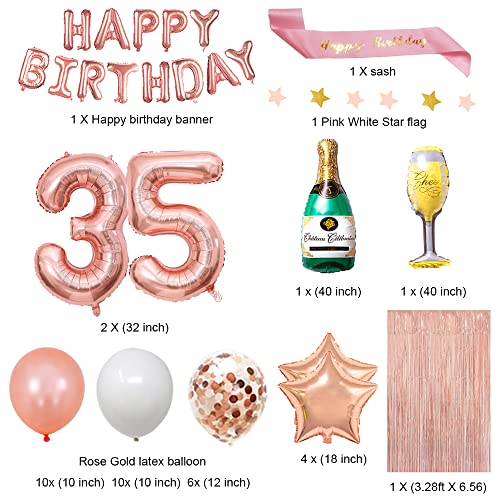 Fancypartyshop 35th Birthday Decorations - Rose Gold Happy Birthday Banner and Sash with Number 35 Balloons Latex Confetti balloons Ideal for Girl and Women 35 Years Old Birthday Rose Gold
