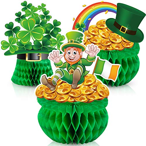 Blulu St Patrick Honeycomb Decoration, Cute Pot-O-Gold Centerpiece Shamrock Leprechaun Tissue Irish Clover Paper Table Topper for Saint Patrick Party Accessory 7.87-8.6 inch (3 Pieces)