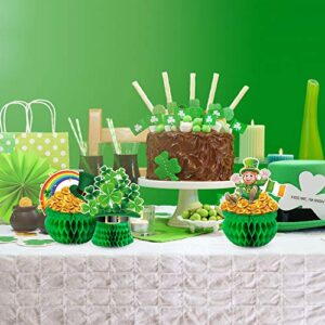 Blulu St Patrick Honeycomb Decoration, Cute Pot-O-Gold Centerpiece Shamrock Leprechaun Tissue Irish Clover Paper Table Topper for Saint Patrick Party Accessory 7.87-8.6 inch (3 Pieces)