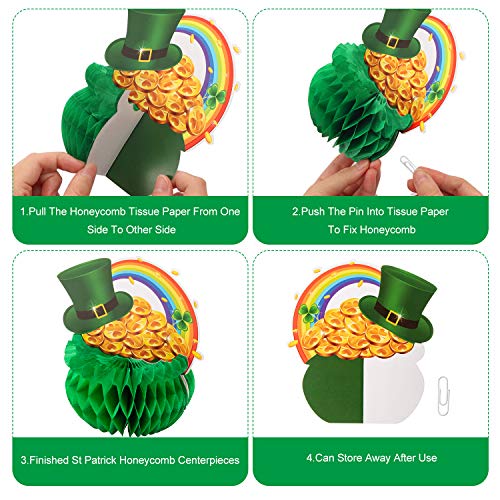 Blulu St Patrick Honeycomb Decoration, Cute Pot-O-Gold Centerpiece Shamrock Leprechaun Tissue Irish Clover Paper Table Topper for Saint Patrick Party Accessory 7.87-8.6 inch (3 Pieces)