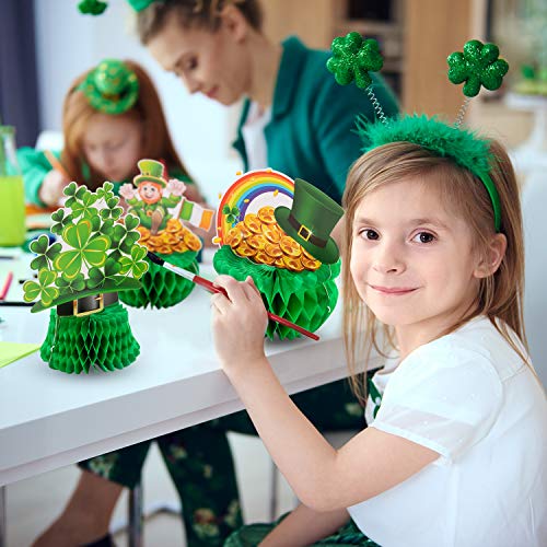 Blulu St Patrick Honeycomb Decoration, Cute Pot-O-Gold Centerpiece Shamrock Leprechaun Tissue Irish Clover Paper Table Topper for Saint Patrick Party Accessory 7.87-8.6 inch (3 Pieces)