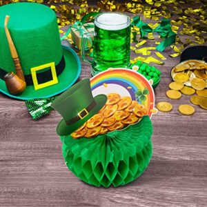 Blulu St Patrick Honeycomb Decoration, Cute Pot-O-Gold Centerpiece Shamrock Leprechaun Tissue Irish Clover Paper Table Topper for Saint Patrick Party Accessory 7.87-8.6 inch (3 Pieces)