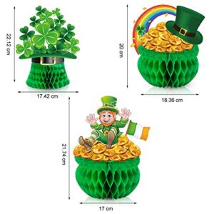 Blulu St Patrick Honeycomb Decoration, Cute Pot-O-Gold Centerpiece Shamrock Leprechaun Tissue Irish Clover Paper Table Topper for Saint Patrick Party Accessory 7.87-8.6 inch (3 Pieces)