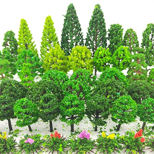 Tazimi 60 Pieces Model Trees 1.36-6 inch Mixed Model Tree Train Scenery Architecture Trees Fake Trees for DIY Crafts, Building Model, Scenery Landscape Natural Green