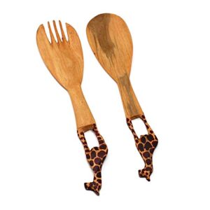 global crafts hand carved mhugu wood salad serving set, giraffe, set of 2