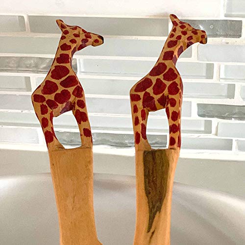 Global Crafts Hand carved Mhugu Wood Salad Serving Set, Giraffe, Set of 2