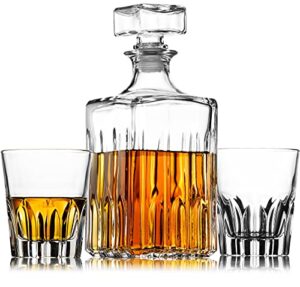 godinger whiskey decanter and 2 whiskey glasses bar set, italian made decanter for liquor scotch bourbon vodka