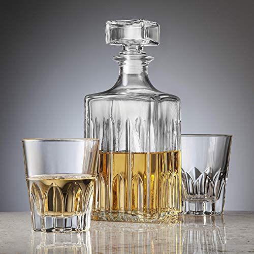 Godinger Whiskey Decanter and 2 Whiskey Glasses Bar Set, Italian Made Decanter for Liquor Scotch Bourbon Vodka