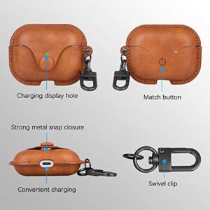 Genuine Leather Case AirPods Pro Case, for Apple AirPods Pro Wireless Charging Case Soft Leather Cover with Keychain Hook [Front LED Visible]