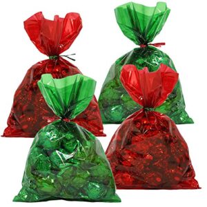 Cellophane Treat Bags 100 pcs Mix Holiday Colors (6 Inch x 9 Inch) | Colorful Cello Bags Christmas Colors with Twist Ties | 2.5 Mil Quality Green & Red Cellophane Treat Bags | Transparent 6x9 in Bags