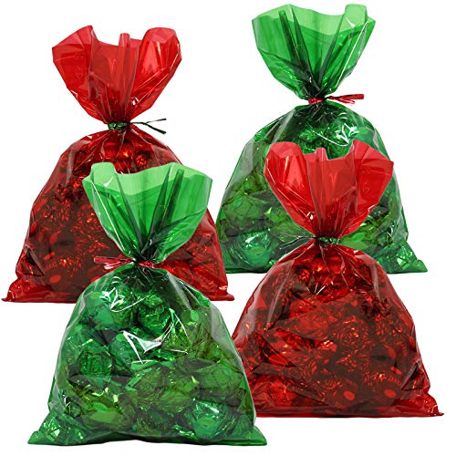 Cellophane Treat Bags 100 pcs Mix Holiday Colors (6 Inch x 9 Inch) | Colorful Cello Bags Christmas Colors with Twist Ties | 2.5 Mil Quality Green & Red Cellophane Treat Bags | Transparent 6x9 in Bags