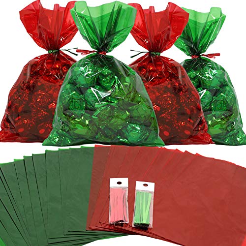 Cellophane Treat Bags 100 pcs Mix Holiday Colors (6 Inch x 9 Inch) | Colorful Cello Bags Christmas Colors with Twist Ties | 2.5 Mil Quality Green & Red Cellophane Treat Bags | Transparent 6x9 in Bags