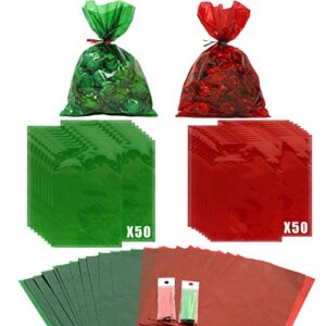 Cellophane Treat Bags 100 pcs Mix Holiday Colors (6 Inch x 9 Inch) | Colorful Cello Bags Christmas Colors with Twist Ties | 2.5 Mil Quality Green & Red Cellophane Treat Bags | Transparent 6x9 in Bags