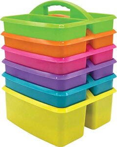 assorted bright colors portable plastic storage caddy 6-pack for classrooms, kids room, and office organization, (lime, orange, pink, purple, teal, and yellow) 3 compartment