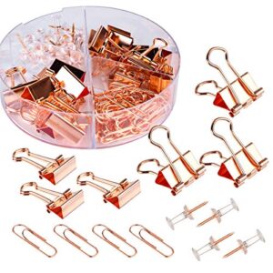 push pins binder clips paperclips sets for office, school and home supplies, desk organized, 72 pcs assorted sizes (rose gold)