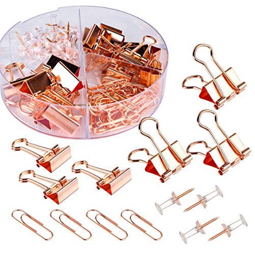 Push Pins Binder Clips Paperclips Sets for Office, School and Home Supplies, Desk Organized, 72 Pcs Assorted Sizes (Rose Gold)