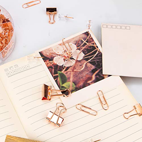 Push Pins Binder Clips Paperclips Sets for Office, School and Home Supplies, Desk Organized, 72 Pcs Assorted Sizes (Rose Gold)