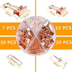 Push Pins Binder Clips Paperclips Sets for Office, School and Home Supplies, Desk Organized, 72 Pcs Assorted Sizes (Rose Gold)