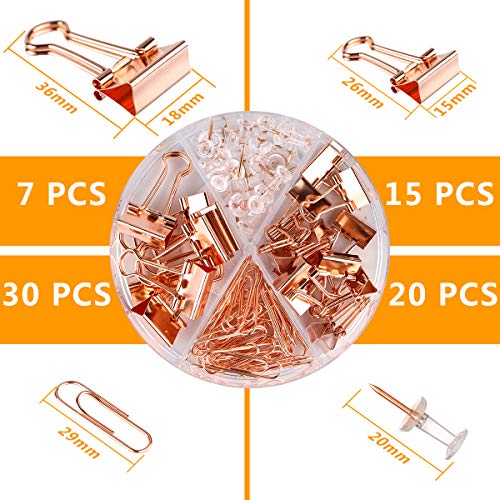 Push Pins Binder Clips Paperclips Sets for Office, School and Home Supplies, Desk Organized, 72 Pcs Assorted Sizes (Rose Gold)