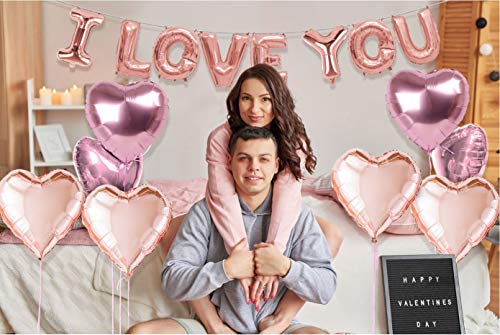 Valentine's Day Decorations Rose Gold I Love You Balloons Banner Rose Gold & Blush Pink Heart Balloons for Anniversary Bridal Shower Party Decors