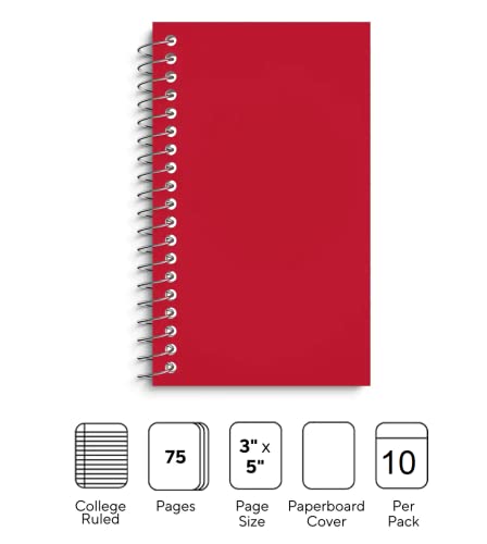 1InTheOffice Wirebound Spiral Memo Books, Memo Pads, 3" x 5", College Ruled, Small Notepad 3x5, Assorted, 75 Sheets/Pad, 10 Pads/Pack