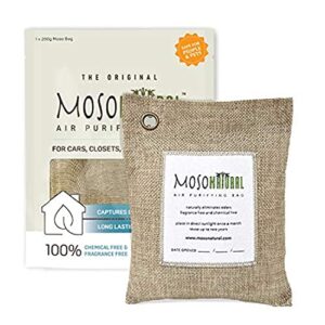 moso natural air purifying bag 200g. a scent free odor eliminator for cars, closets, bathrooms, pet areas. premium moso bamboo charcoal odor absorber. (beige linen)