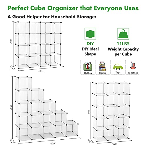 C&AHOME Cube Storage Organizer, 16-Cube Shelves Units, Closet Cabinet, DIY Plastic Modular Book Shelf, Ideal for Bedroom, Living Room, Office, 48.4" L × 12.4" W × 48.4" H Transparent White