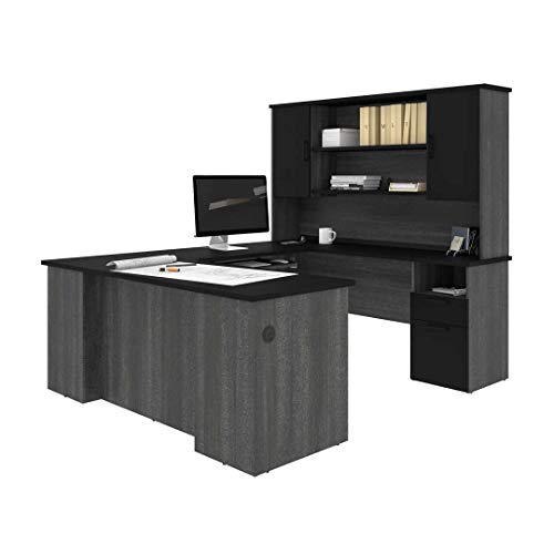 Bestar Norma U or L-Shaped Executive Desk with Hutch, 71W, Black & Bark Gray