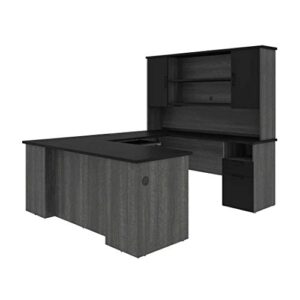 Bestar Norma U or L-Shaped Executive Desk with Hutch, 71W, Black & Bark Gray