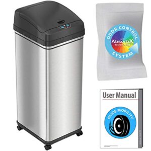 itouchless glide 13 gallon sensor trash can with wheels and odor control system stainless steel silver rectangle fingerprint proof seal on-off switch