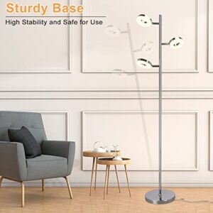 DINGLILIGHTING DLLT Modern 3-Light LED Floor Lamp, Indoor Standing Light with Adjustable Head, Contemporary Tall Pole Tree Corner Lamp, Craft Spotlight Lamps for Living Room, Bedroom, Office, Silver